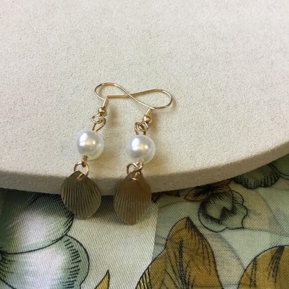 Gold & Pearl Feather Drop Earrings - Picture 8 of 8